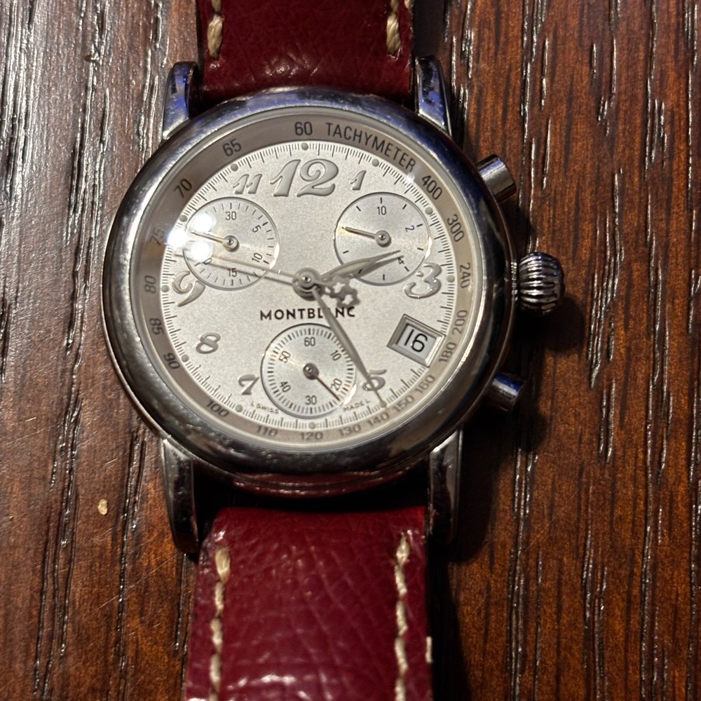 Montblanc Chronograph with Silver Dial and Red Leather Strap